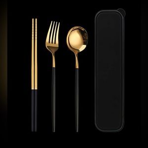 3pcs Stainless Steel Chopsticks Fork/Spoon Set with Travel Case…Color: Blk/Gold